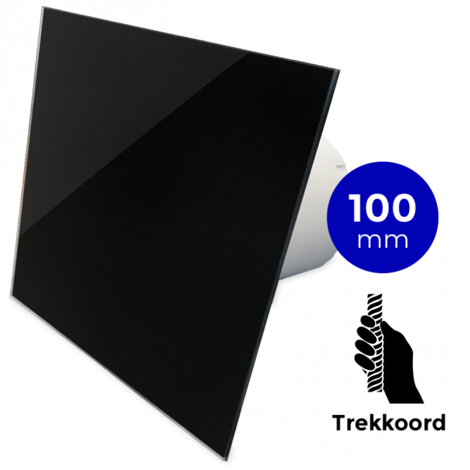 Pro-Design badkamer/toilet ventilator - TREKKOORD (KW100W) - Ø 100mm - vlak GLAS - glans zwart