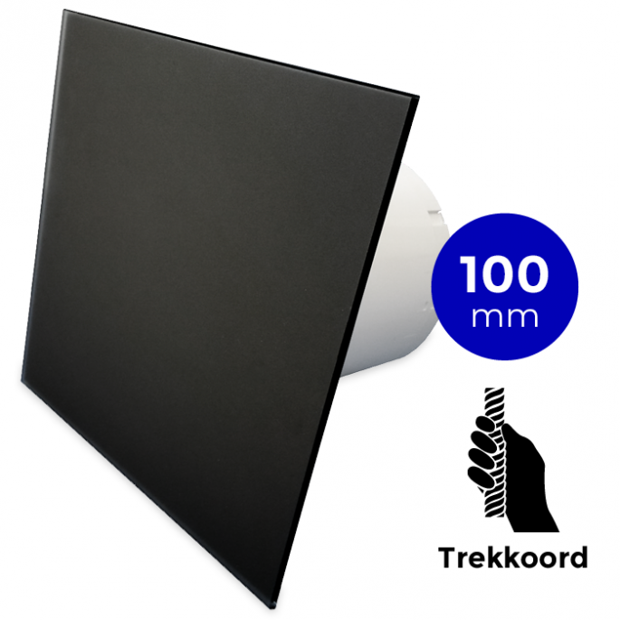 Pro-Design badkamer/toilet ventilator - TREKKOORD (KW100W)  - Ø 100mm - vlak GLAS - mat zwart